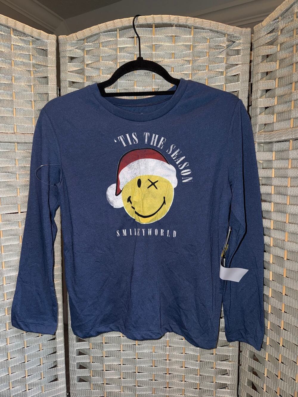 Smiley World Graphic Print Long Sleeves Shirt Blue M Crew Neckline Pull Over